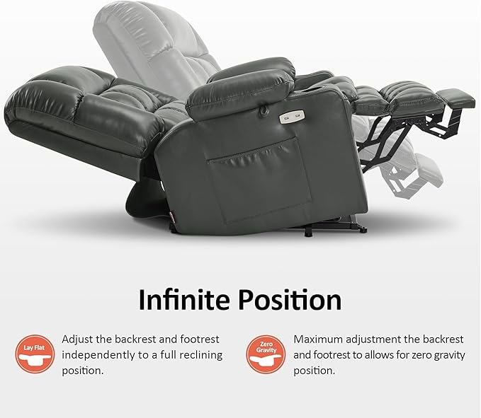 MCombo Dual Motor Power Lift Recliner Chair for Elderly, Lay Flat Lift Chair with Heat and Massage, Extra Wide Lift Recliner for Big People, Cup Holders, Faux Leather R7897 (Grey, Medium-Wide)