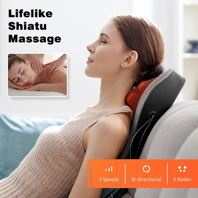 Boriwat Back and Neck Massager with Heat - 3D Kneading Massage Pillow for Neck, Shoulder, Leg Pain Relief - Gifts for Men, Women, Mom, Dad - Relax at Home, Office, Car - Dark Gray
