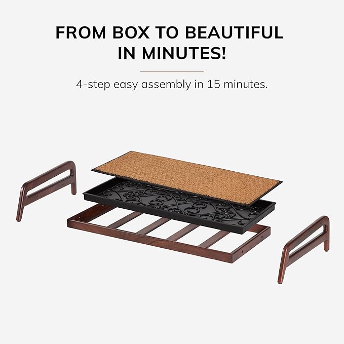 Anji Mountain Heavy Duty Waterproof Wooden Shoe Storage Mat Organizer/Boot Storage Tray Multi Use for Entryway with Coir, Gray and Ivory Insert, 1 Tier, Fits 3 Pair (36.5" Wide)