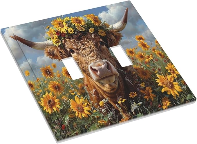 Decorative Switch Plates Vintage Sunflower Highland Cow Rustic Art 2 Gang Double Toggle Outlet Light Switch Cover Wall Plate Electrical Faceplate for Bedroom Farmhouse Decor
