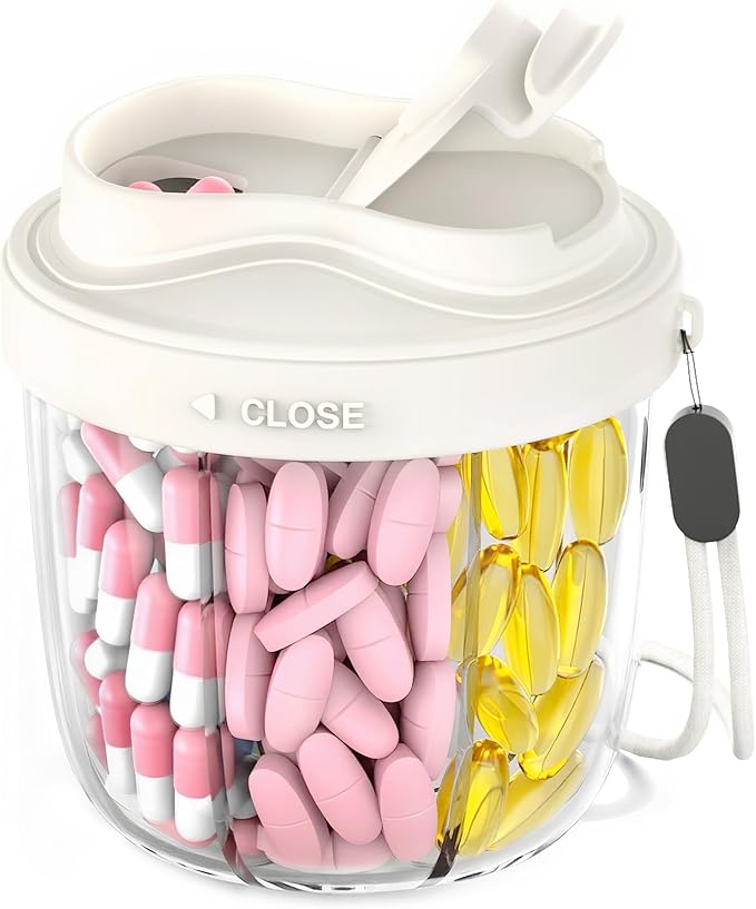 Cute Pill Organizer,Pill Dispenser with 7 Large Compartments,Portable Pill Bottle Box with Wide Opening for Easy Use, Anti-Mix Pills Organizer for Travel,Includes 20 Pcs Sticky Labels(White)