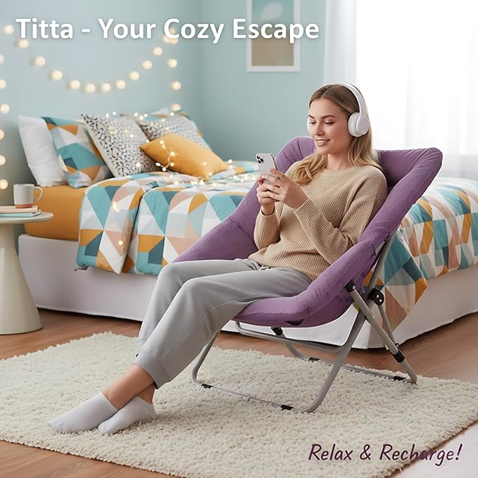Tiita Comfy Folded Chair, Soft Faux Fur Oversized Folding Accent Chair, Lounge Lazy Chair for Kids Teens Adults, Metal Frame Moon Chair for Bedroom, Living Room, Dorm Rooms
