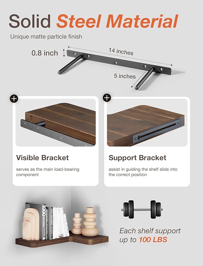 BATODA Acacia Wood Corner Floating Shelf 17” x 12”- Corner Shelf Wall Mounted - Floating Book Shelves for Wall - Corner Shelf for Home, Kitchen - with Brackets and Hardware (Walnut Color, 17" x 12")
