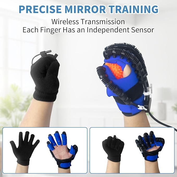 Rehabilitation Robot Gloves, Finger Exerciser for Stroke Recovery Hand Glove Equipment Hand Function Rehabilitation, Adjustable Strength and Supports USB Charging (blue, L - Left Hand)
