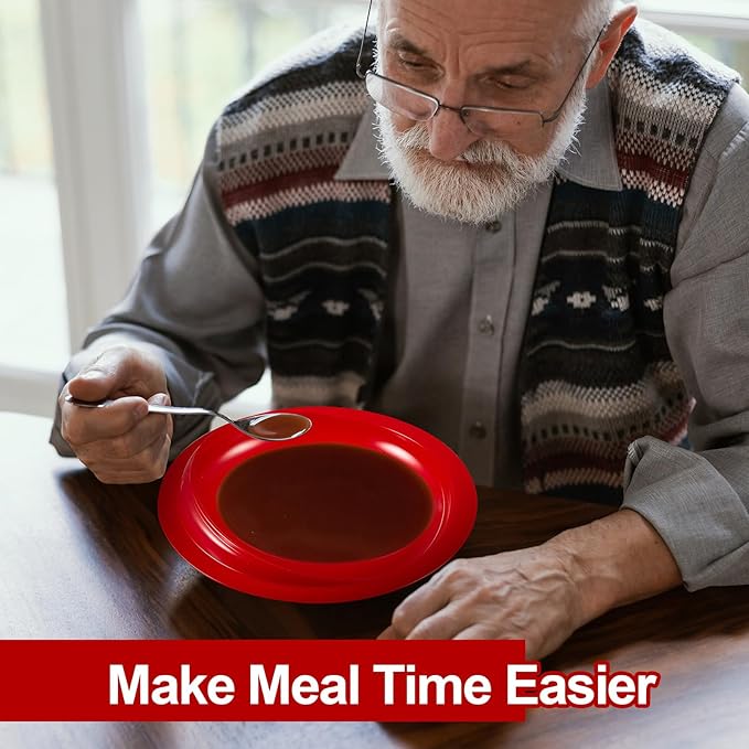 Hushee Adaptive Spill Proof Scoop Bowl and Plate Set with Suction Base Non Skid Self Feed Dinnerware for Elderly Disabled Handicapped from Parkinsons, Dementia, Stroke, Tremor(3 Sets,Red)