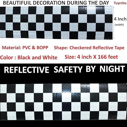 Black White Reflective Tape 4 inch X 166 feet, Outdoor Waterproof Hazard Conspicuity Safety Industrial Marking Tape