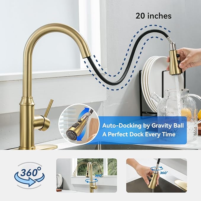 Gold Kitchen Faucet with Sprayer,Single Handle Kitchen Sink Faucet with Pull Out Sprayer, Champagne Bronze, Arofa Brushed Gold Brass Faucets for RV/Outdoor/Laundry Sink