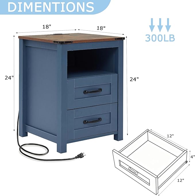 Blue Night Stand Set of 2, Rustic End Table with Charging Station, Farmhouse Tall Nightstand for Bedroom, Drawer Dresser Bedside Table with Open Storage Shelf