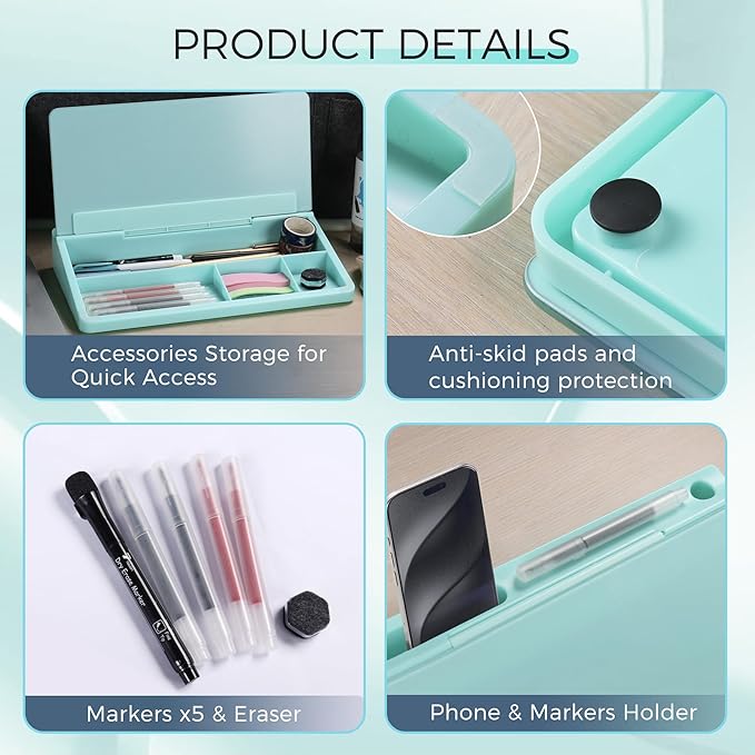 TOWON Small Compact Glass Desktop Whiteboard with Storage – 12 x 7 in Dry Erase Board for Desk, Home Office, School | Includes 5 Markers, Eraser & Holder | Space-Saving Organizer, Aesthetic Aqua Blue