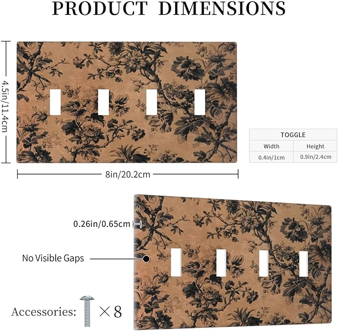 Decorative Switch Plate Covers Vintage Floral Botanical Brown Background 4 Gang Light Switch Cover Plate Quad Toggle Wall Plate Light Switch Covers for Bathroom Bedroom Decor