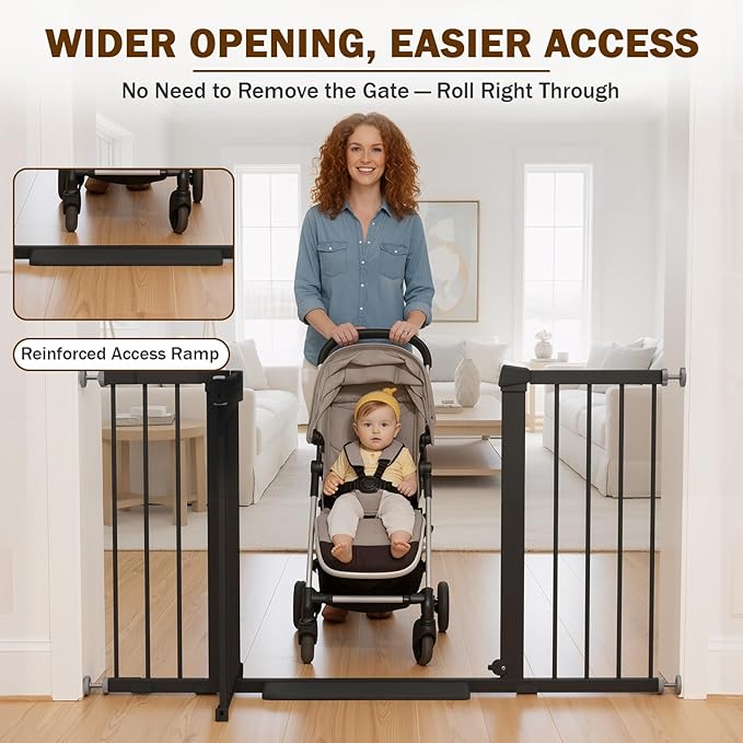 Mumeasy 29.7–51 Inch Extra Wide Baby Gate for Stairs, Extra Long Indoor Dog Gate for Doorways, Pressure Mounted Walk Thru Child Gate with Auto-Close, No-Drill Safety Pet Gate with Door for House,Black