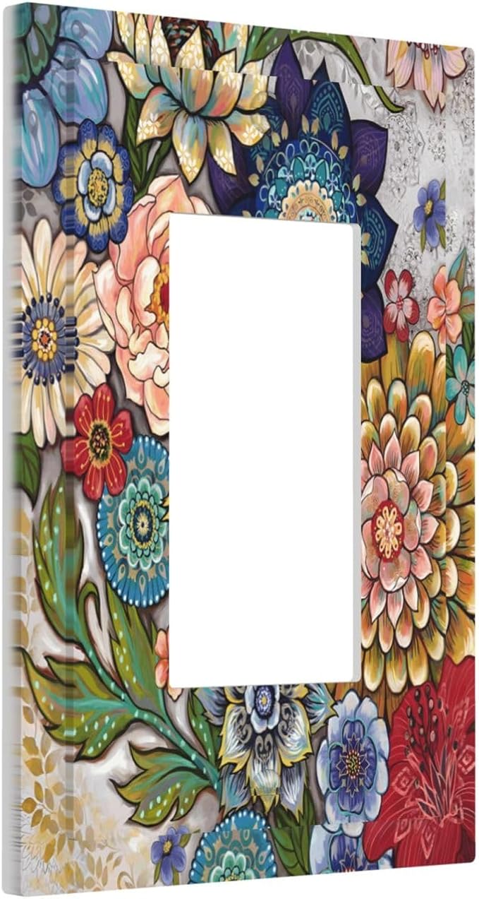 Boho Floral Colorful Floral Multi Color Flower Decorative Outlet Covers 1 Gang Single Rocker Light Switch Cover Plate Wall Plates GFCI Faceplate for Bedroom Living Room Home Decor