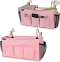 Surblue Bedside Organizer with Hook Caddy Hanging Storage Bag with Adjustable Straps and Water Bottle Holder for Home, College Dorm, Hospital Accessories, Crib Bed Rail, Pink, 2PCS