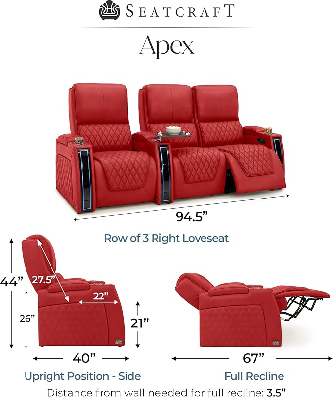 Seatcraft Apex Zero-Gravity CoolZero Italian Leather Home Theater Seating, Powered Headrest, Powered Lumbar, Powered Recline, Row of 3 Right Loveseat, Red
