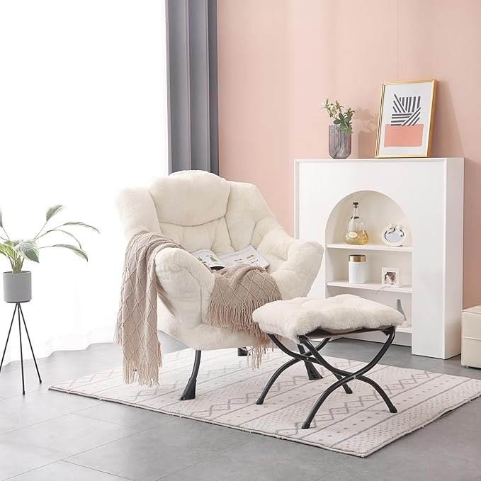 Lazy Chair with Ottoman, Modern Accent Lounge Armchair with Side Pocket & Foldable Footstool, Leisure Reading Chair for Living Room, Bedroom, Dorm & Office, Plush Beige