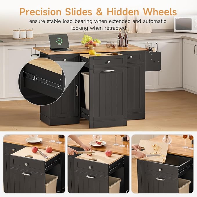 ONBRILL 61" Kitchen Islands with Movable Wood Cutting Board & Trash Storage Cabinets, Rolling Island Cart with Drop Leaf & Power Outlet, Dining Table with Spice & Towel Rack & Knife Holder, Black