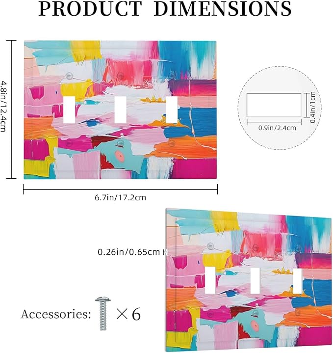 Decorative Switch Plates Multicoloured Modern Watercolor Oil Painting 3 Gang Wall Plate Triple Toggle Light Switch Cover Faceplate Electrical Wall Panels for living Room Bedroom Decor
