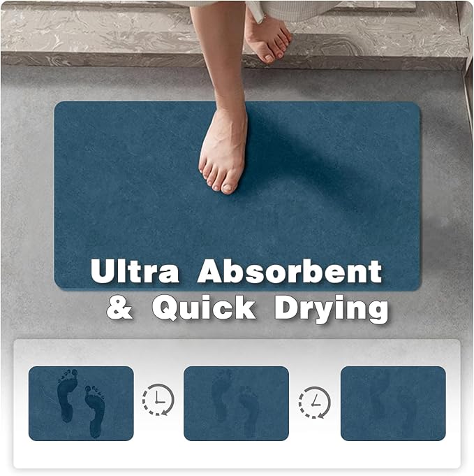 Bathroom Mat Quick Dry, Bathroom Rugs Non Slip Washable Thin Absorbent Bath Mat Fits Under Door Bathroom Floor Mat Perfect for Bath, Shower, or Sink 20"x30" Denim Blue