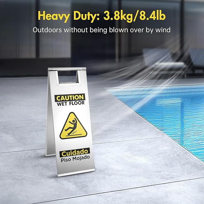 Wet Floor Sign Stainless Steel for Business, Commercial Caution Wet Floor Sign Double Sided & Bilingual, Size 24'' * 9''，Silver