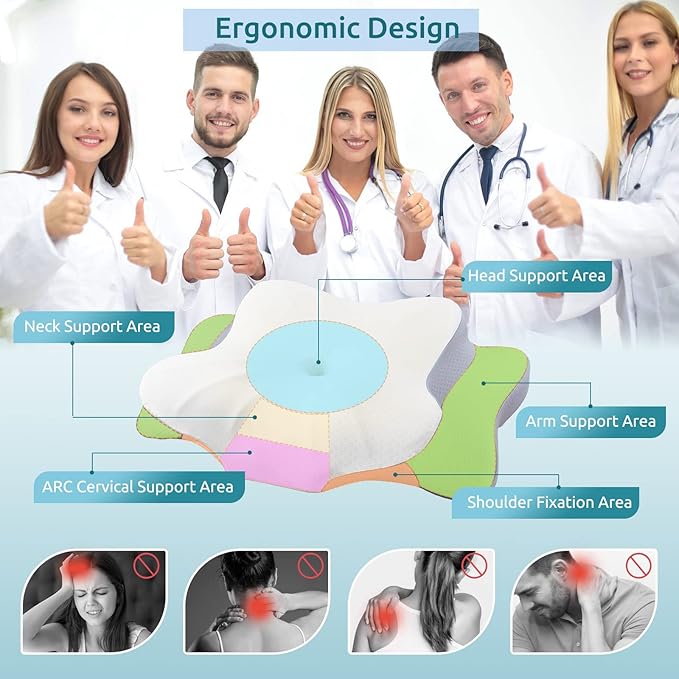 DONAMA Cervical Pillow for Neck and Shoulder,Contour Memory Foam Pillow,Ergonomic Neck Support Pillow for Side Back Stomach Sleepers with Pillowcase