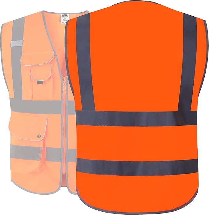 JKSafety 9 Pockets Class 2 High Visibility Zipper Front Safety Vest With Reflective Strips, Meets ANSI/ISEA Standards (150-Orange M)