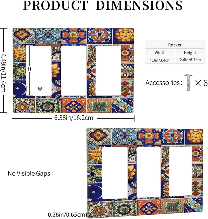 Light Switch Covers Mid Century Talavera Shaped Tiles 3 Gang Rocker Electrical GFCI Decorative Triple Outlet Wall Plate Cover Switchplate for Bedroom Bathroom Decor