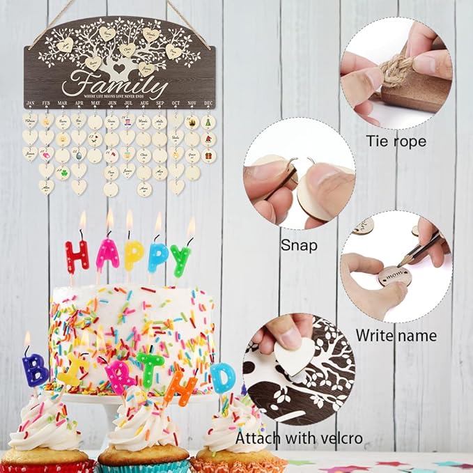 CHDITB Personalized Family Tree Birthday Reminder Board(16"x8"), Wooden Family Birthday Tracker Wall Hanging with 100 Tags, DIY Birthday Gifts for Mother Grandma Friends Family