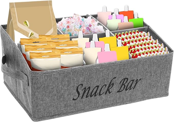 Snack Organizer for Countertop, 6 Compartment Snack Basket Container, Trapezoid Fabric Snack Bin Holder with Side Handles,Lightweight Snack Bar Station Organizer, Kitchen Pantry Storage (Grey)