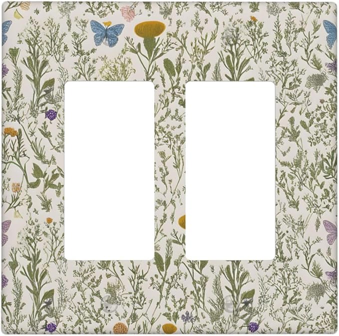 Floral Vintage Garden Plants Herbs Flower Botanical Outlet Covers Double Rocker Light Switch Covers Decorative Mustard Green 2 Gang Gfci Wall Plate Electrical Receptacle Switchplate Home Decor