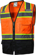 SKSAFETY 10 Pockets Professional level Safety Vest, Class 2 High Visibility Security Vest with Zipper, Hi Vis Vest with Reflective Strips, ANSI/ISEA Standard, Construction Work Vest（Orange Black, XL）