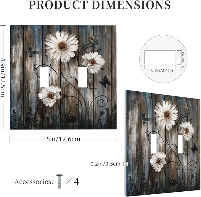 Rustic Wood Background Floral Butterfly Daisy Decorative Switch Plates 2 Gang Double Toggle Outlet Light Switch Cover Wall Plate Electrical Faceplate for Farmhouse Bedroom Decor