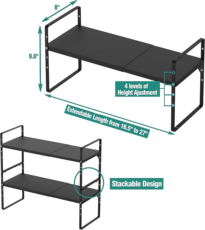Expandable Cabinet Shelf Organizer Rack, Stackable Kitchen Counter Storage Shelves Stand, Adjustable Height Pantry Shelf Spice Rack, Heavy Duty Nonslip Black Small 2Pack