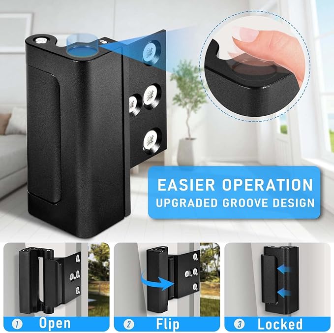 6Pack Home Security Door Reinforcement Lock, Childproof Safety Door Lock Latch Inside Stopper, Add High Security to Prevent Home Unauthorized Entry, Aluminum Construction Finish Black