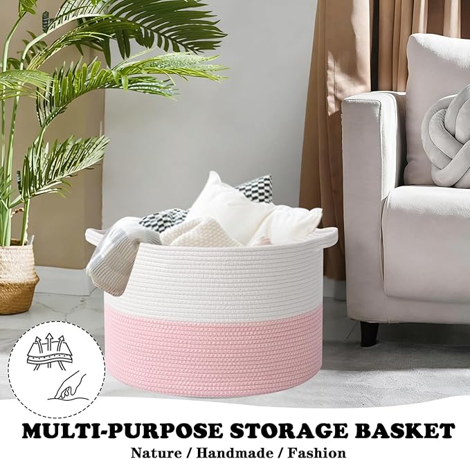 Large Storage Basket with Handle,19.7" L x 19.7" W x 13" H Blanket Basket Storage Bins for Organizing,65L Cotton Rope Woven Baskets for Living Room, Nursery ,Bedroom,White&Pink
