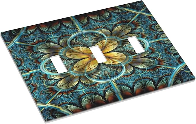 Light Switch Cover Boho Fractal Mandala 3 Gang Wall Plate Triple Light Switch Plate Bohemia Toggle Decorative Outlet Covers Electrical Switchplate for Bathroom Bedroom Decor