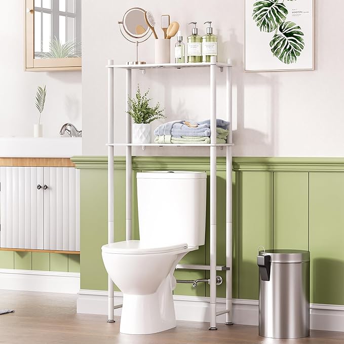 AmazerBath Bamboo Over The Toilet Storage Shelf, 2-Tier Over Toilet Bathroom Organizer Rack, Bathroom Shelves Over Toilet Space Saver, White