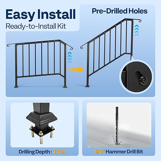 VIVOHOME 2-Pack 4 Step Galvanized Steel Hand Rails for Outdoor Steps – Curved Ends and Safety Balusters Exterior Railing for Porch, Deck, or Indoor Stairs, Complete Installation Kit