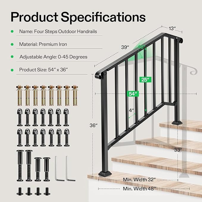 VIVOSUN Outdoor Handrail, 4 Step Stair Handrail, 54" x 36" Fits 1 to 4 Steps, Wrought Mattle Iron Stair Railing with Curved End and Balusters for Concrete Step, Porch Steps, One-Step Assembly, Black