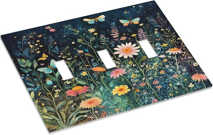 Decorative Switch Plates Boho Vintage Floral Flower Butterfly 3 Gang Wall Plate Triple Toggle Light Switch Cover Faceplate Electrical Wall Panels for Bedroom Home Decor