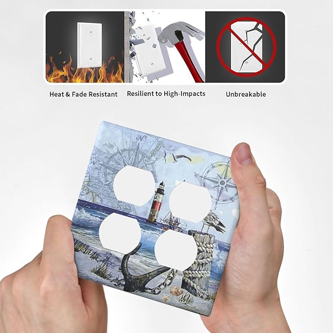 Decorative Light Switch Cover Plate Sea Ocean Sand Coast Compass Ship Lighthouse Anchor 2 Gang Socket Covers Double Duplex Wallplates Switch Plates and Outlet Covers for Bathroom Bedroom Decor