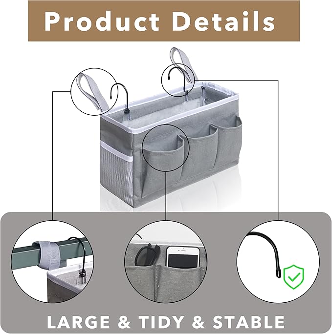 3-Piece Bedside Caddy Storage Organizer with Pockets for Bedrooms, Loft Beds & Top Bunk Beds (Gray)