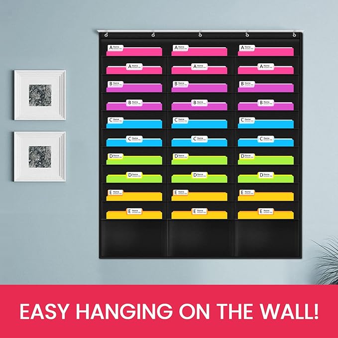 Godery Organization Pocket Chart，Wall File Pocket Folder Organizer with 30 Pocket Chart Plus 5 Hangers Hooks, The Perfect Pocket Chart for Classroom, School, Office or Home Use (30 Pocket)