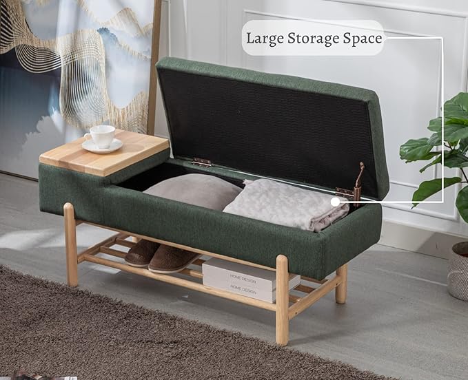 EALSON Modern Storage Bench for Bedroom End of Bed Linen Upholstered Entryway Bench with Shoe Rack Ottoman Window Bench with Wood Frame Farmhouse Long Seating Bench for Hallway/Foyer, Green