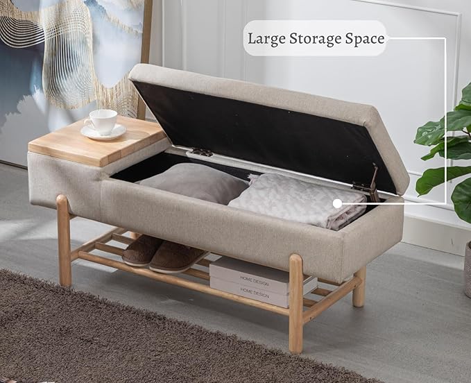 EALSON Modern Storage Bench for Bedroom End of Bed Upholstered Ottoman Bench with Storage and Wood Shoe Rack Farmhouse Long Seating Bench for Entryway/Hallway/Foyer, Linen Beige