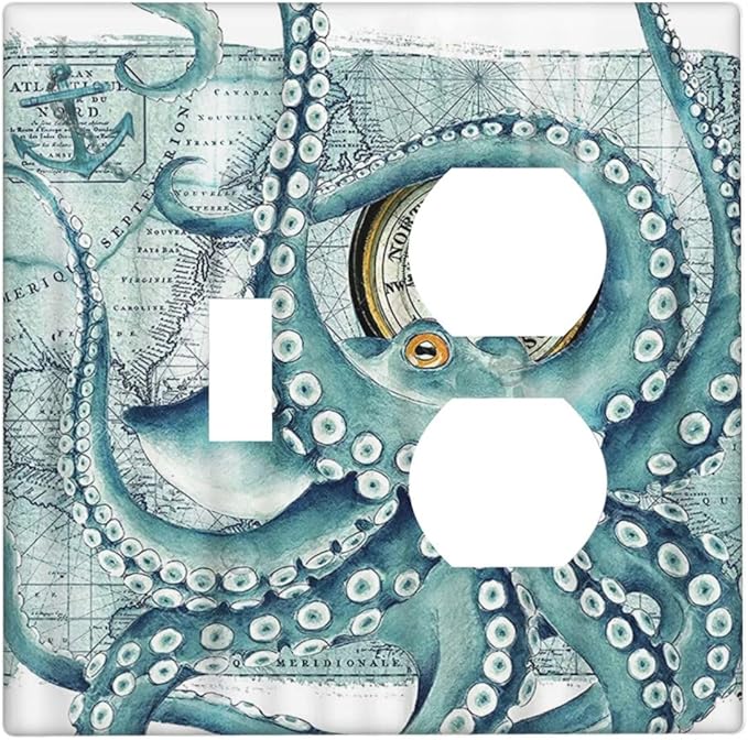 Octopus Nautical Kraken Compass Anchor Decorative Light Switch Cover Plate 1 Toggle/1 Duplex Outlet Covers 2 Gang Combo Gfci Wall Plate Electrical Receptacle Switchplate for Bathroom Decor