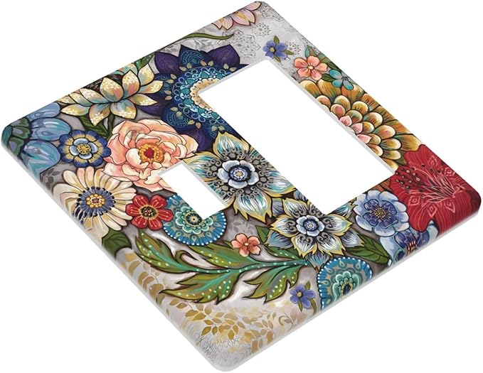 Boho Floral Colorful Floral Multi Color Flower Outlet Covers 1 Toggle 1 Rocker Combination Decorative Wall Plate Electrical Switch Plates Light Switch Cover Plate for Bedroom Living Room Home Decor