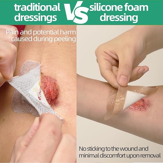 Jointown Foam Absorbent Wound Care Dressing, Adhesive Silicone Sacral Foam Dressing with Border, Waterproof Bed Sore Bandages, 7"x7", 5 PCS