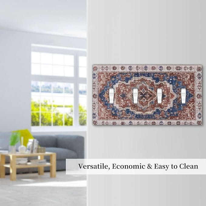 Vintage Orange Medallion Pattern 4 Gang Light Switch Covers Decorative Quad Toggle Wall Plate Cover 4 Hole Electrical Device Switchplate Dimmer Faceplate for Bathroom Decor