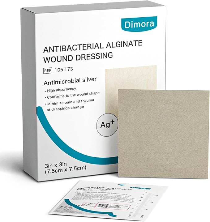 Dimora Upgrade Silver Calcium Alginate Wound Dressing -Antibacterial Non Stick Gauze for Wounds Care, Highly Absorbent Sterile Bandage Pads with Ag, 3'' x 3'' Patches 12 Packs Individual