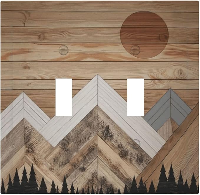 Wooden Planks Mosaic Snow Mountain Sun Decorative Switch Plates 2 Gang Double Toggle Outlet Light Switch Cover Wall Plate Electrical Faceplate for Farmhouse Home Decor